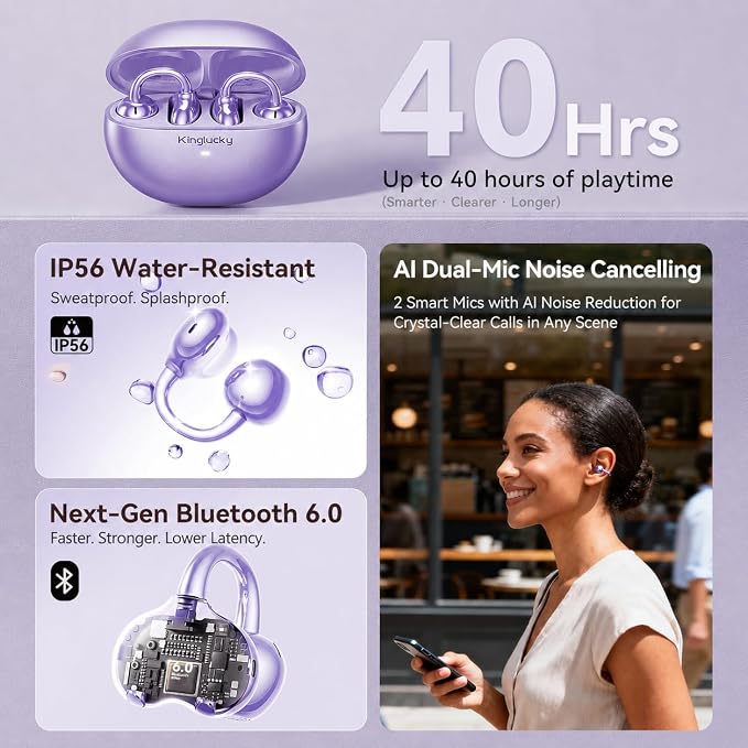 Kinglucky Upgraded Clip-On Earbuds Comfortable fit & Crystal-clear Sound, 40H Playtime Open Ear Buds Bluetooth 6.0 Wireless Headphones for Women Ideal for Small Ears, Sports & Workouts, Glasses Purple