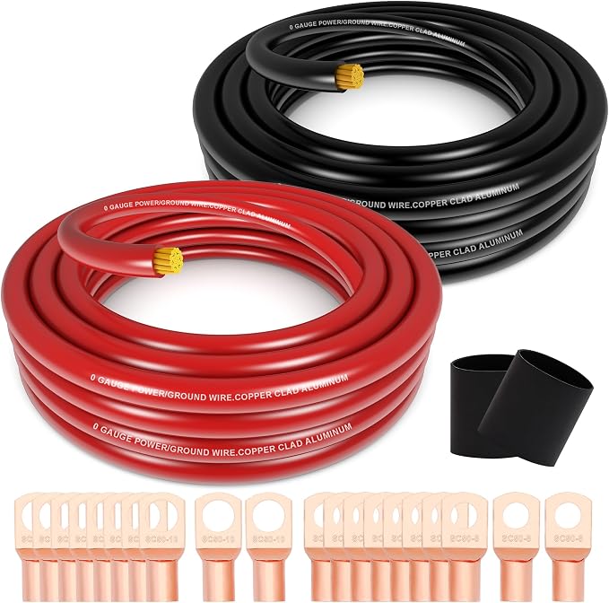 1/0 Battery Cable 1/0 Gauge Wire 40FT Copper Clad Aluminum Amp Wiring Kit- Automotive Power Ground Cable for Car Audio,RV Truck with Pure Copper Lugs & Heat Shrink Tube - Black/Red