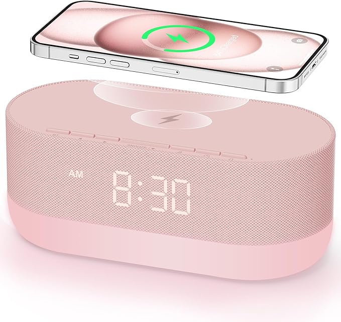 HOUSBAY Sound Machine with Alarm Clock for Bedrooms, Dual Speakers, 21 HiFi Sounds, 10W Wireless Charger, Unlimited Sound, Bluetooth, 10 Night Light, White Noise Machine for Sleeping, Pink