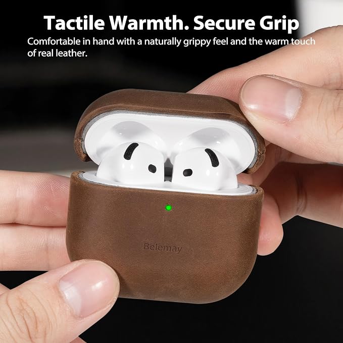 Belemay Handcrafted Crazy Horse Leather Case for AirPods 4 (2024), Vintage Aesthetic, Two-Tone Effect, Unique Patina, Compatible with MagSafe, Compatible with Airpods 4th Gen, Rustic Brown