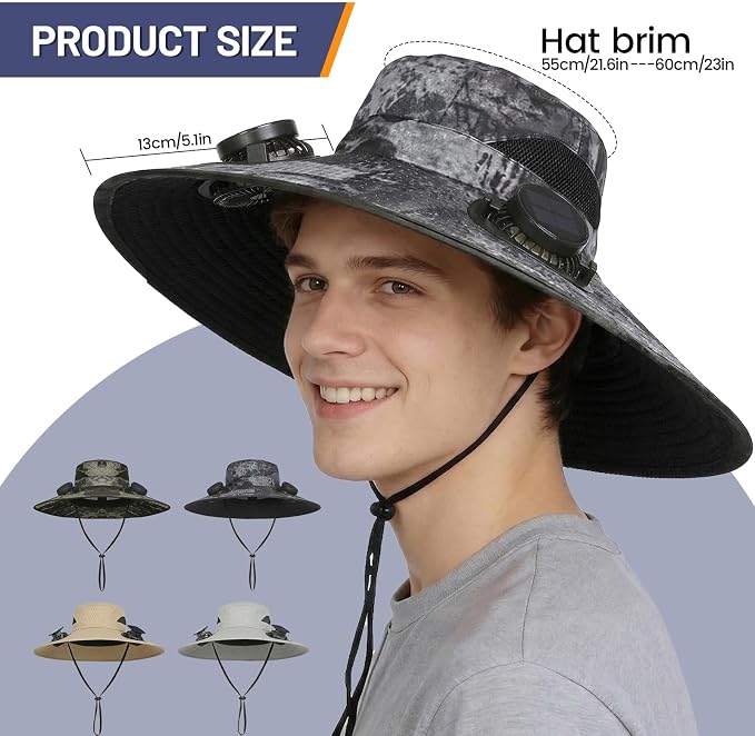 Solar Fan Hat, Wide Brim Sun Hat with 2 Built-in Solar Fans, UPF 50+ Sun Protection Outdoor Fishing Hiking Camping Beach