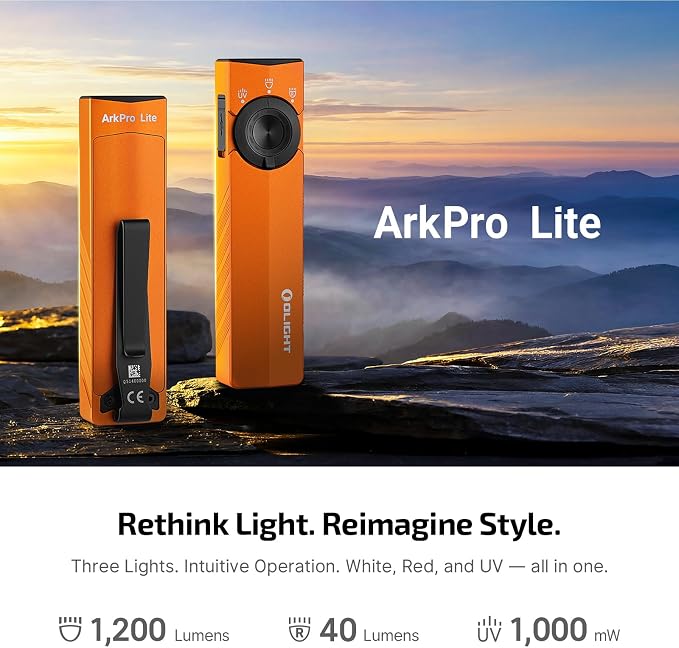 OLIGHT ArkPro Lite Flat Pocket Flashlight, Rechargeable Portable 1200 Lumens with White LED, Red Light, and UV Light, Triple Sources for Pet Urine Detection, Camping, Emergency, Working (Orange)