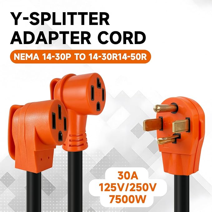 EP 30 Amp Dual Outlet Adapter Cord, 2FT Y Adapter Cord NEMA 14-30P to 14-30R & 14-50R Socket, 10AWG Power Splitter for EV Charger EV Charging, Dryers, and Power Tools ETL Listed