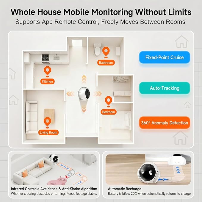Robot Camera on Wheels,1080P Movable Indoor Camera with Remote Interaction, 2 Way Talk, Night Vision, Motion Detection, Auto Recharge, APP Control Home Security Cam for Pet, Elderly, Baby