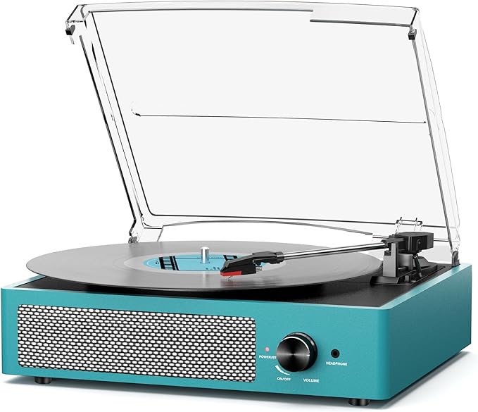 Record Player for Vinyl with 2 Build-in Speakers LP Vinyl Players Belt-Driven Vintage Turntables 3 Speed 3 Size, Wireless Bluetooth Playback, AUX-in, RCA Out, Headphone, Auto Stop Sea Blue