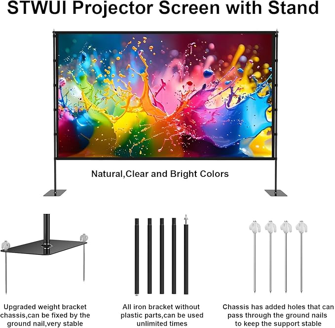 STWUI Outdoor Projector Screen with Stand - 120 Inch Portable Projector Screen Indoor and Outdoor Projector Screens 16:9 4K HD Wrinkle Free Lightweight Movie Screen with Carry Bag,Enioy Movie Nights