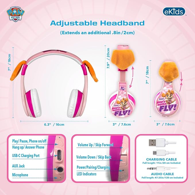 Paw Patrol Bluetooth Headphones for Kids, Wireless Headphones Skye Liberty