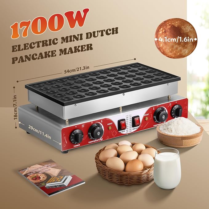 Moongiantgo Mini Pancake Maker Machine 50pcs, Non-Stick Commercial Dutch Pancake Maker Stainless Steel, Electric Muffin Poffertjes Waffle Baker With 2 Thermostats&2 Timers For Restaurant&Home, 110v