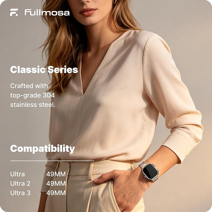 Fullmosa Bands Compatible with Apple Watch Band 49mm Ultra3 2 1, Stainless Steel iWatch Band with Case for Apple Watch, Rose Gold