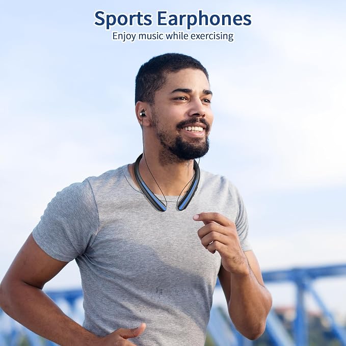 Neckband Retractable Bluetooth Headphones 2026 Upgrade - Wireless Headset with Mic, IPX5 Sweatproof Retractable Earbuds, Dual Device, 22H Playtime Noise Cancelling Stereo Earphones (Black Blue)