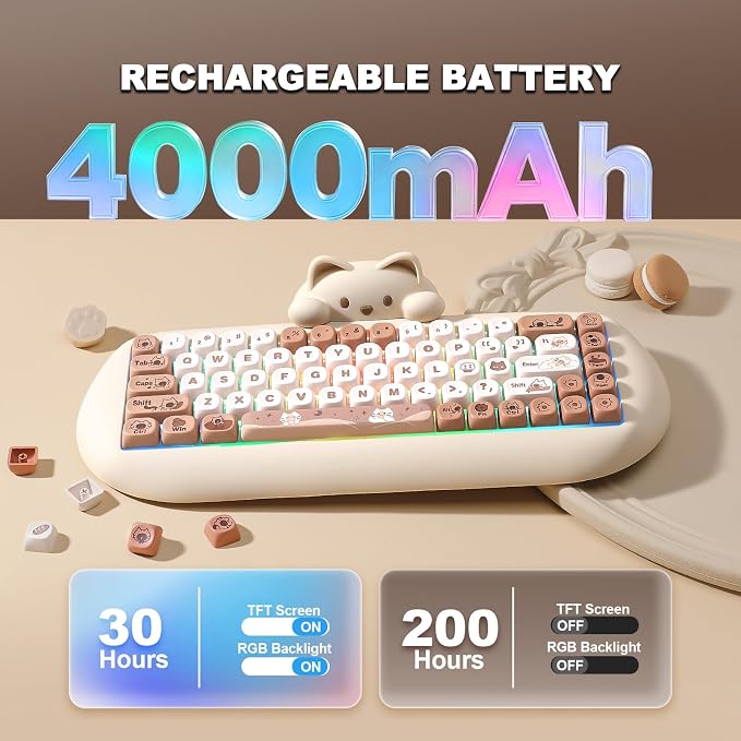 YUNZII C68 Wireless Mechanical Keyboard,65% Layout,Hot Swap,Triple Mode BT5.0/2.4G/Wired, RGB Backlit NKRO,Cute Cat Silicone Ergonomic Design for Win/Mac (Brown, Milk Switch)