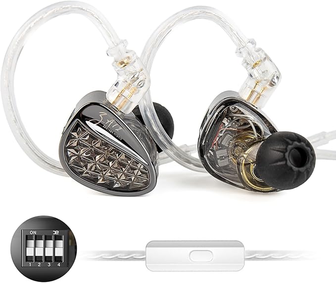 KZ ZA12 in Ear Monitor, 2DD+4BA Hybrid Wired Earbuds, KZ in Ear Monitor with 4-Level Tuning Switch Gaming Earbuds,Silver-Plated IEM Cable for Audiophile (with Microphone, Matte Black Tunable Version)