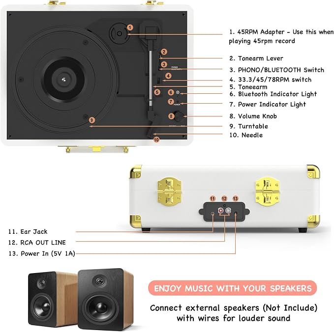 Vinyl Record Player 3-Speed Bluetooth Portable Suitcase Belt-Driven Record Player with 2 Built-in Stereo Speakers Vinyl Vintage Turntable Phonograph Records Player with RCA Line Out, AUX Out (White)