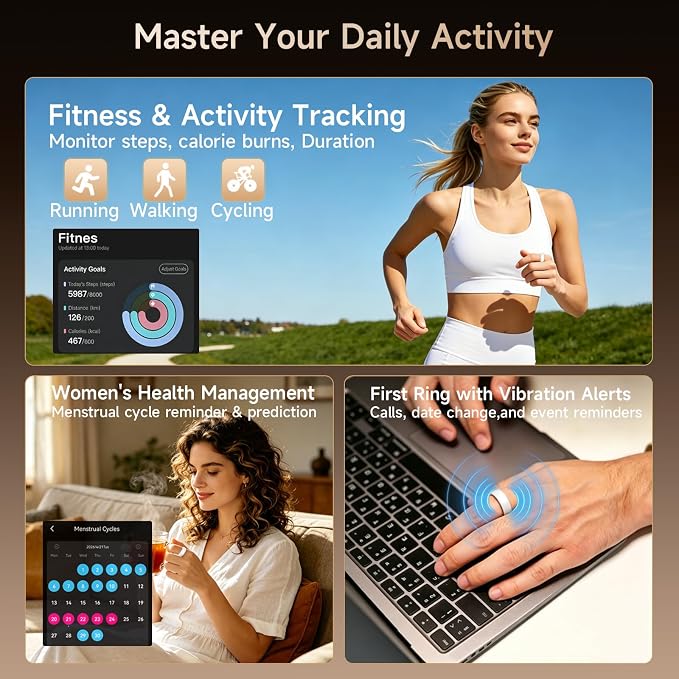 Smart Ring for Women & Men, Fitness & Activity Tracker, Sleep Monitoring, 7-Day Battery Life, 5ATM Waterproof, No Subscription Fee, iOS & Android Compatible (White, 11)