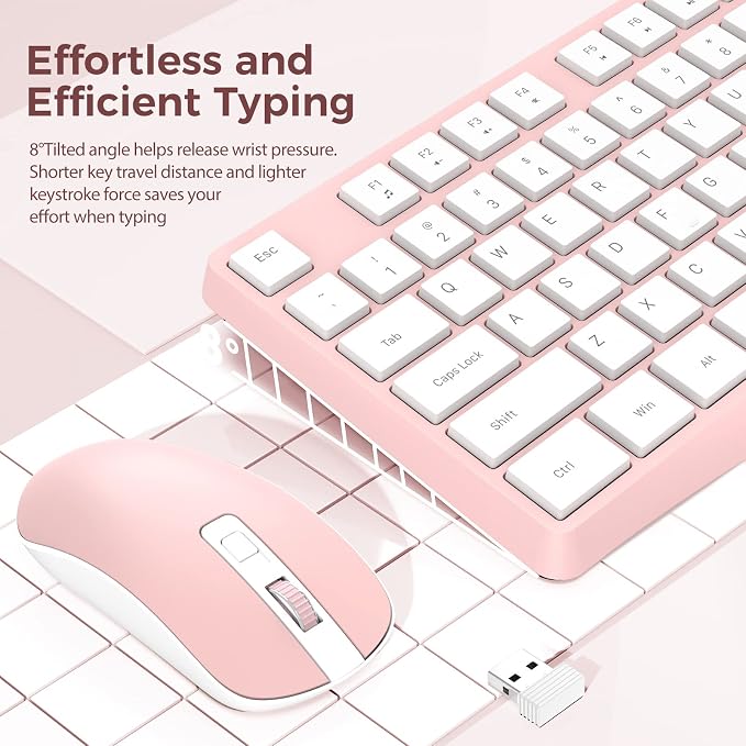 Wireless Keyboard and Mouse Combo, Lovaky 2.4G Full-Sized Ergonomic Keyboard Mouse, 3 DPI Adjustable Cordless USB Keyboard and Mouse, Quiet Click for Computer/Laptop/Windows/Mac (1 Pack, Pink)