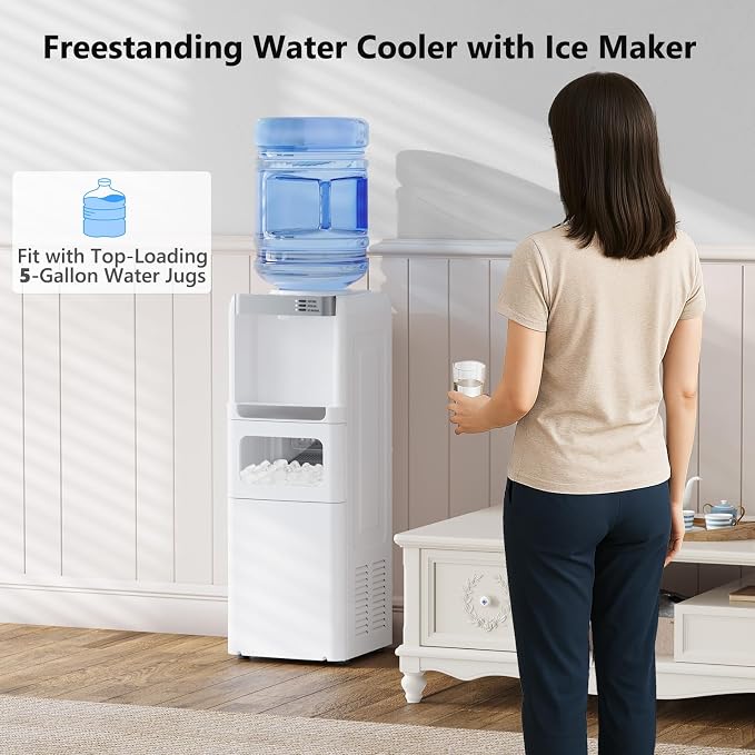 Electactic Water Dispenser with Ice Maker Function, Top Loading Hot and Cold Water Cooler for 5 Gallon Bottle - Includes Child Safety Lock - Water Machine for Home, Office, Garage - White