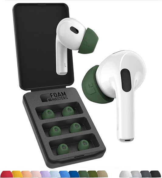 Foam Masters Ultra-Premium Memory Foam Ear Tips for AirPods Pro 3rd Gen (2025) | 3 Pairs | New Ver. | Secure Fit | Super Comfort | Better Noise Cancel | Replacement Buds (Assorted S/M/L, Forest Green)