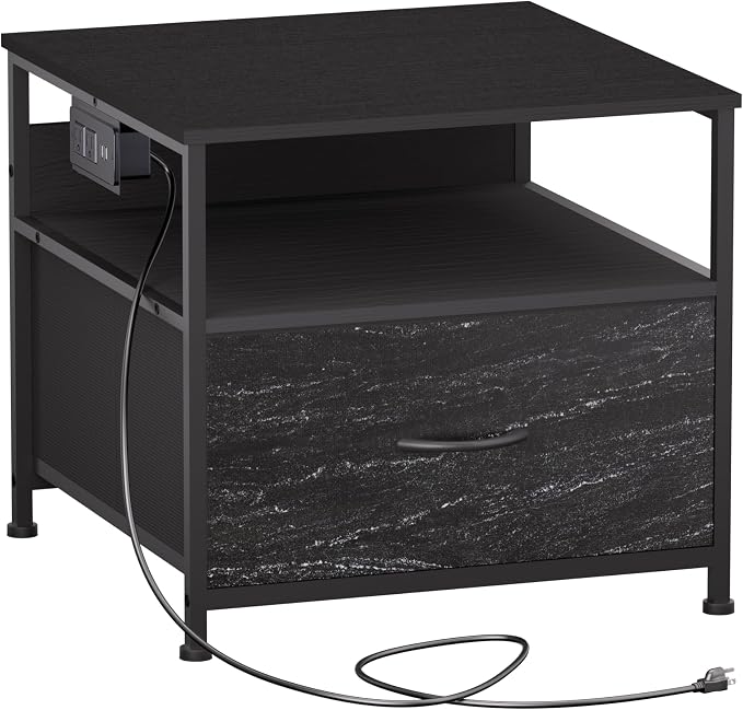 Unionly180 lb Mini Fridge Table with Drawer Fridge Shelf, Mini Fridge Cabinet with Storage,Heavy Duty Fridge Stand with Charging Station, 4 Adjustable Feet for Home Kitchen (Black)