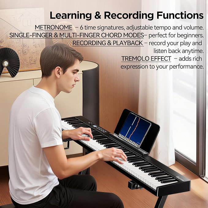 Rhymo 88 Key Portable Piano Keyboard, Semi-Weighted Folding Piano Full Size, Ultra Sound Upgrand Imitation Wood Texture Keyboard w/MIDI Bluetooth LCD Display Screen, Sustain Pedal for Beginners Adult