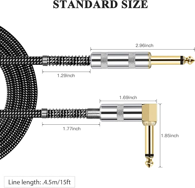 JOLGOO Guitar Cable, 1/4 Inch Cable 15 Ft, Straight to Right Angle 6.35mm Plug Bass Keyboard Instrument Cable, Black and Gray Tweed Cloth Jacket, Electric Mandolin, pro Audio