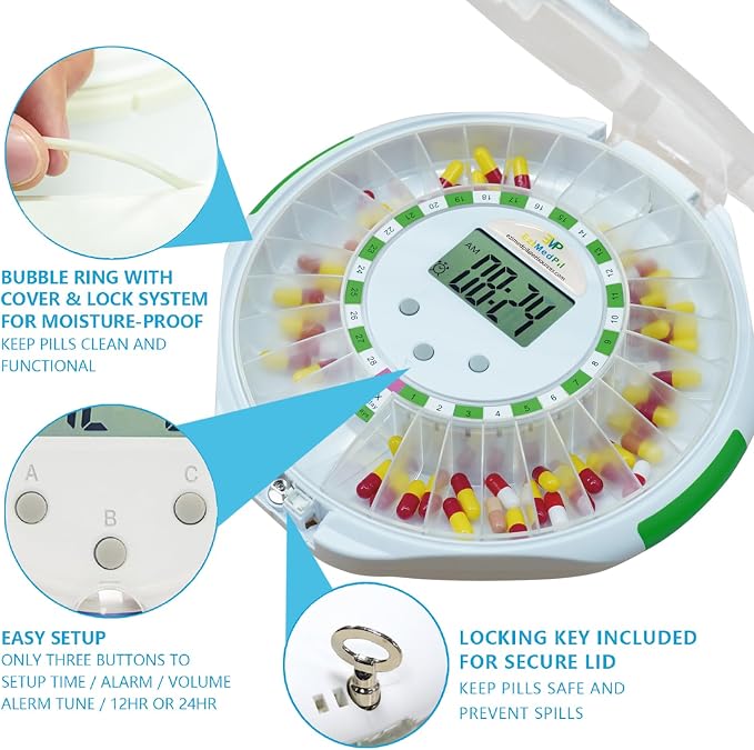 EziMedPil Bluetooth Automatic Pill Dispenser with App, Alarm, Light Alerts | Caregiver Tracks Adherence History on App, 28-Day Organizer with Clear Locked Lid & Clear LCD Monitoring Friendly for Seniors