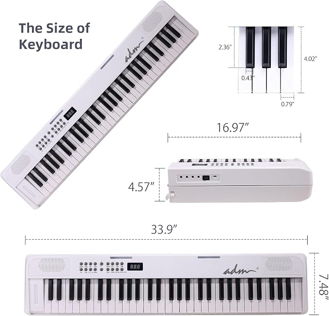 ADM 61 Key Folding Electric Piano Keyboard, Foldable Piano Electronic Keyboard, Wireless 128 Tones, 128 Rhythms Includes Pedal, Gig Bag, Headphones for Beginners, Students, Adults (White-Black)