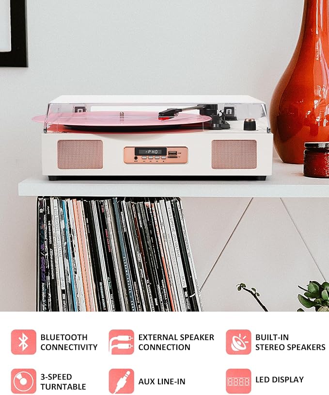 Vinyl Record Player Vintage Wireless Bluetooth Record Player with Stereo Speakers, USB/TF Card Recording, LP Player with 3 Speed Belt Drive Turntable Support RCA Line-Out AUX Input EQ,White& Rose Gold
