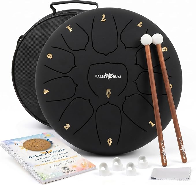 Balmy Drum Steel Tongue Drum 10 inch 11 Notes 440Hz, Handpan Drum with Music Book, Mallets, Carry Bag, Finger Picks, Rain Drum for Outdoor, Meditation Yoga Calming Instruments for Adults Kids (Black)