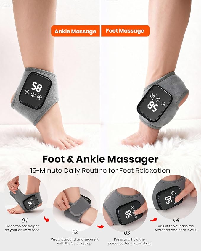 Foot Renew Massager for Neuropathy, 3-in-1 Cordless & Portable Foot and Ankle Massager for Heel, Arch & Ankle Relief, 3-Level Vibration & Heat, Ideal Gift, Includes Extension Strap (Gray)
