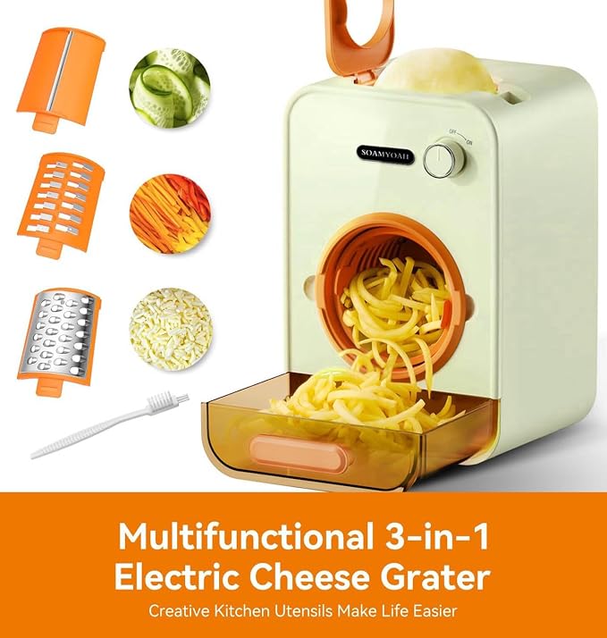Electric Cheese Grater with 3 Set Blades, Automatic Efficient Slicer & Grater & Shredder for Carrot, Potato, Cabbage & More Vegetables/Salad/Cheese, 4" Large Feed Tube, Built-in Blade Storage Box
