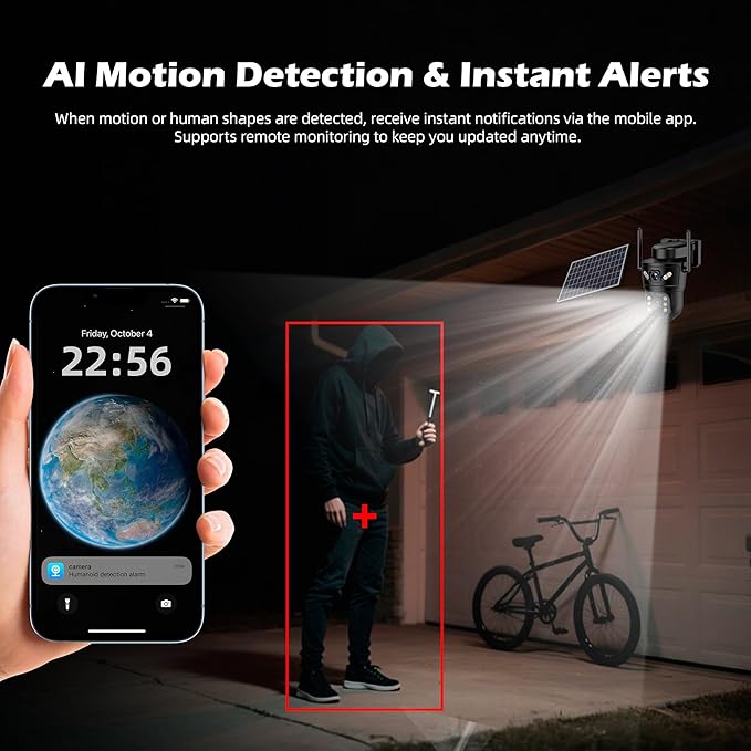 3K Solar Security Camera Wireless,270°Pan 90°Tilt Auto Tracking,WiFi Cam,PIR&AI Human Detection,Color Night Vision,10XZoom,2-Way Audio,128GB SD/Cloud Storage,Waterproof IP66,5.5W Solar Panel