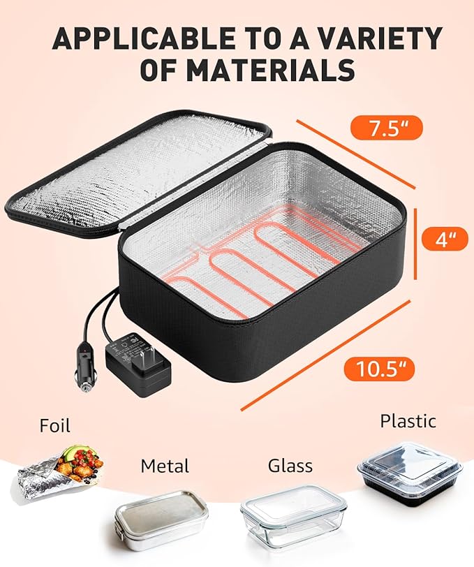 Portable Food Warmer - Heated Lunch Box for Adluts - Electric Thermal Lunch Bag with Buckle Handle, Heating Food Warmer Bags for 12V/24V Car & Truck, 110V/220V Home/Office, Black