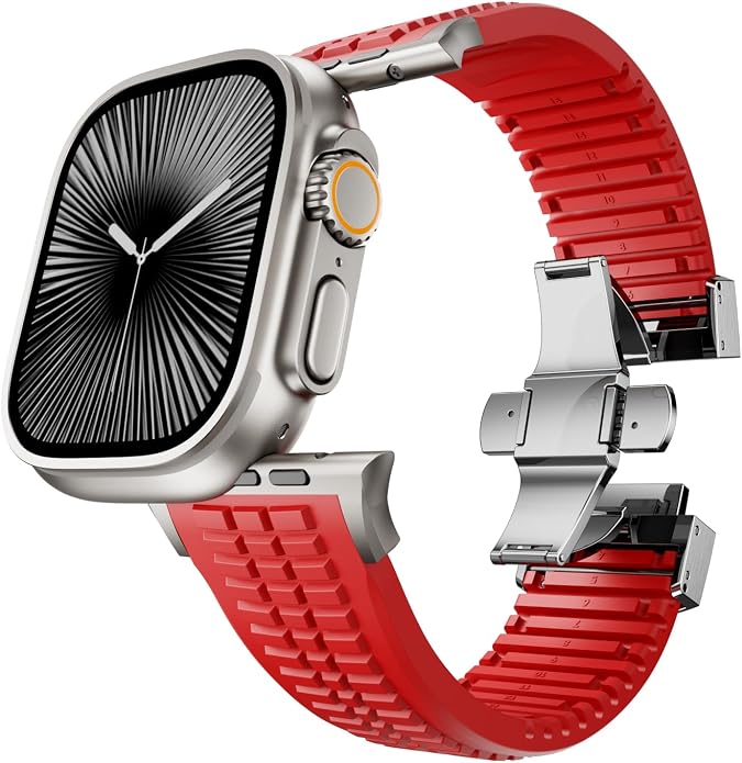 Silicone Watch Band Compatible with iWatch Ultra 2 / Ultra/Series 10 9 8 7 (44mm 45mm 46mm 49mm), Sport bands with Folding buckle, Rugged Heavy Duty Modern Design for Men