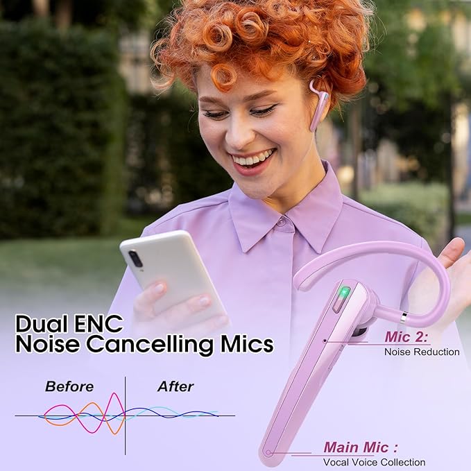 Bluetooth Headset V5.3, Wireless Headset with ENC Noise Canceling Mic, 120Hrs Talk Single-Ear Bluetooth Earpiece, LED Display, IP7 Waterproof Hand-Free Earphone for Business/Trucker/Driver, Purple