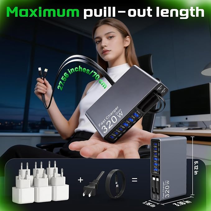 X-Star 320W 8-Port Retractable USB C Charger Block Charging Station,Upgraded GaN3.0 PD 100W Desktop Laptop Chargers,Fast Multiple USB Charging Hub for MacBook Pro/Air,iPad,Galaxy, iPhone17/16/15 etc