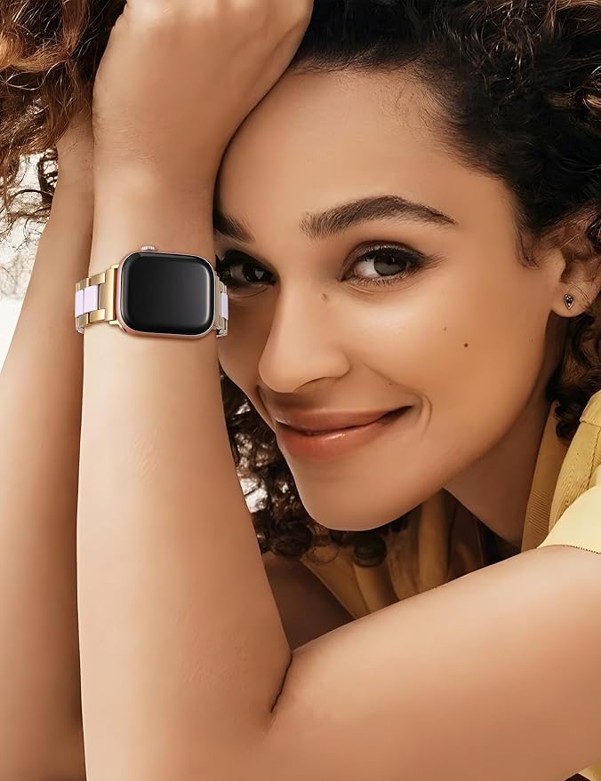 Wearlizer Compatible with Apple Watch Band 49/46/45/44/42mm Fashion Wristbands Womens, Stainless Steel+Resin Metal Replacement for iWatch Series 11 10 9 8 7 6 5 4 3 SE/Ultra 3 2 1-Gold+White