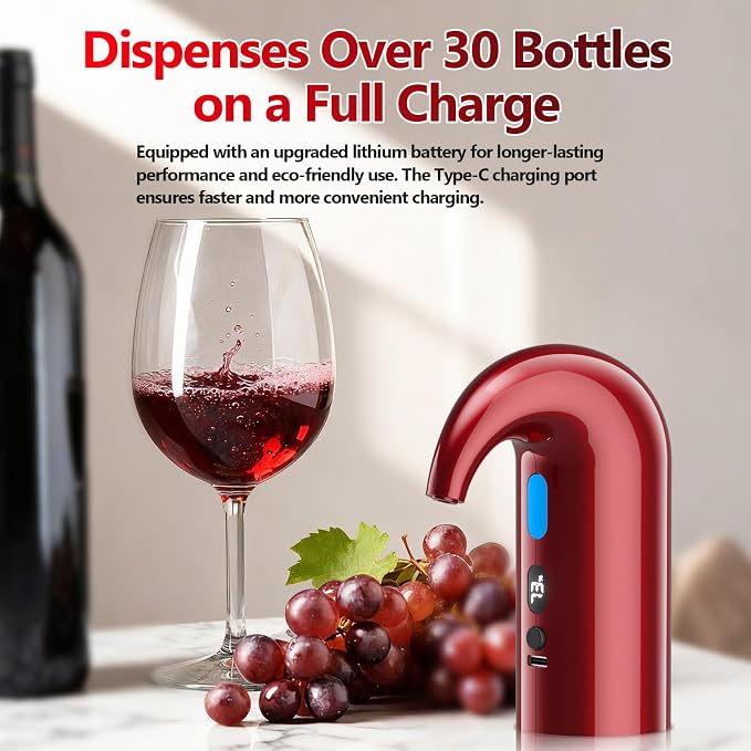 Fathers Day Gift Electric Wine Aerator & Dispenser – 1-Touch Instant Aeration, Precision Pouring & Temp Display – USB Rechargeable Gift Edition for Parties, Holidays & Wine Lovers (Red)