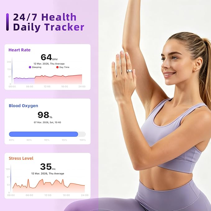 Smart Ring for Women Men, AI Health Fitness Tracker with Sleep, Heart Rate, HRV, Stress, Gesture Photo, IP68 Waterproof, No Subscription, iOS Android (Matte Black,8)