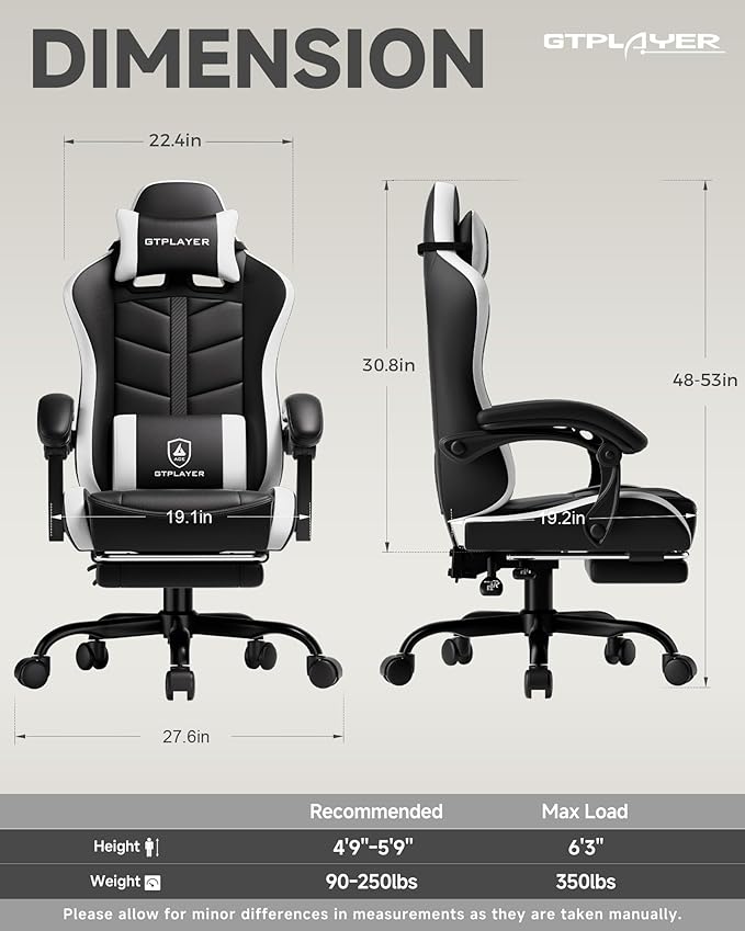 GTPLAYER Gaming Chair, Ergonomic Computer Office Chairs for Adults with Footrest, Height Adjustable, Linkage Armrests, 90-155° Recline & Headrest Lumbar Support, Black & White