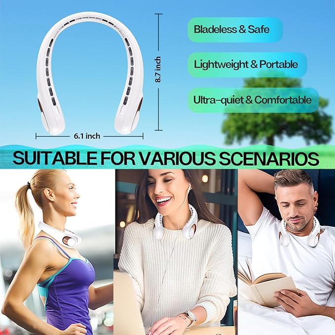 KIDEE Portable Neck Fan, 4000mAh Rechargeable, 360° Airflow, Hands Free Bladeless Wearable Fan, 2 Pack, White