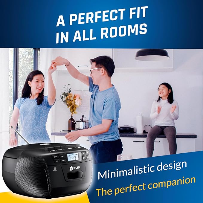 KLIM CD Player & Cassette Tape Player with Case, Bluetooth Boombox, AM/FM Radio, Stereo Sound, Remote, CD and Cassette Combo, Tape Recording, USB Drive, AUX, AC/DC Powered