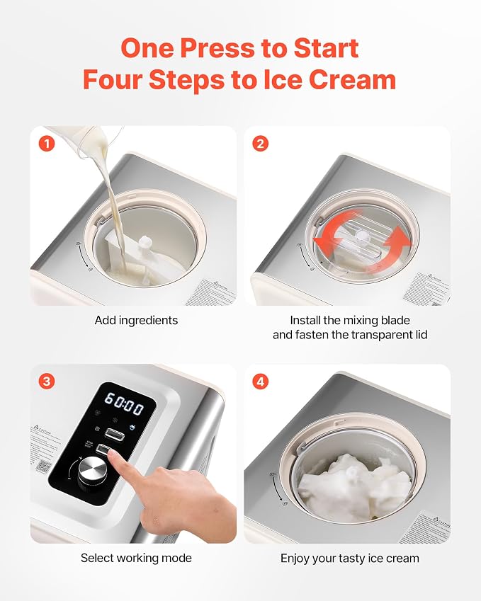 VEVOR Automatic Ice Cream Maker with Built-in Compressor, 2 Quart No Pre-freezing Gelato Maker, Electric Sorbet-Maker, 3 Modes Compressor Ice Cream Machine for Home Kitchen