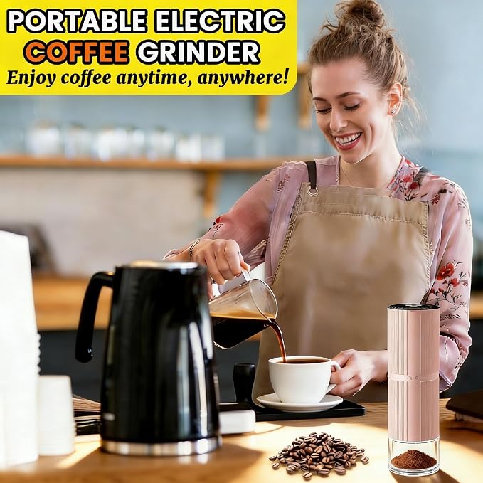 Portable Electric Coffee Grinder, 7-Blade Conical Stainless Steel Burr, 30+ Adjustable Settings, USB-C Rechargeable Cordless Handheld Metal Shell for Espresso & Travel - Pink