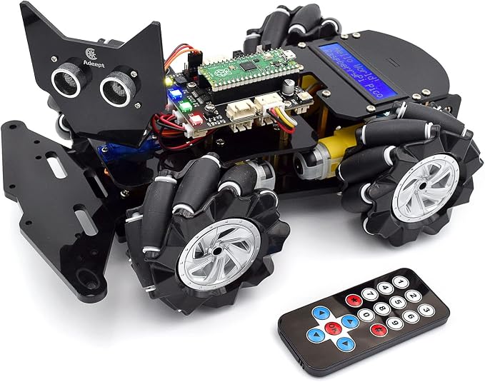 Adeept 4WD Omni-Directional Mecanum Wheels Robotic Car Kit Compatible with Raspberry Pi Pico DIY STEM Remote Controlled Educational Robot Kit with LCD1602 Display and Tutorials