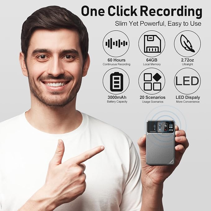 AI Voice Recorder with Lifetime Free Transcription - ChatGPT Powered 107 Languages Translator, 64GB Smart Recorder with App Control for Meetings/Lectures, 60H Battery & Military Encryption (Grey)