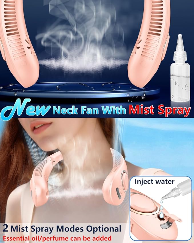 Neck Fan that Blow Cold Air with Water Mist Spray, 4000mAh USB Rechargeable & LED Display, Foldaway Hands Free with Dual Controls, Personal Cooling Device for Mother's Day Father's Day Birthday, Pink