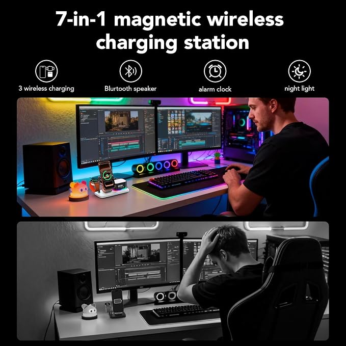 Alarm Clock with Wireless Charging,7 in 1 Charging Station with Night Light,Bluetooth Speakers,Qi2.2 25W Magnetic Charger for iPhone 17 16 15 14 13 12 Pro Max Plus Apple Watch Airpods,Bedroom