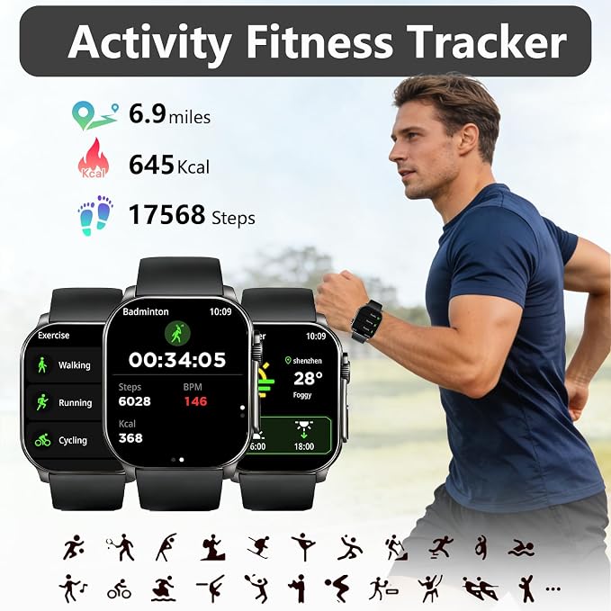 Smart Watch for Men, 2.01" AMOLED Curved HD Screen Smart Watch, Fitness Tracker with 24/7 Heart Rate/Sleep Monitor, IP68 Waterproof Running Watch, Compatible with iOS & Android for Daily Workout Black