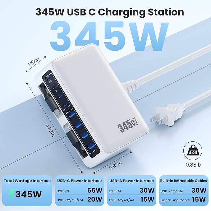345W USB C Charger 10 in 1 Retractable Wall Charger with 2 Cables,GaN 6 USB C Charging Station Phone Charging PD Laptop Charger Adapter for MacBook Pro/Air,DELL,iPhone17/16/15,Galaxy S24,Android etc