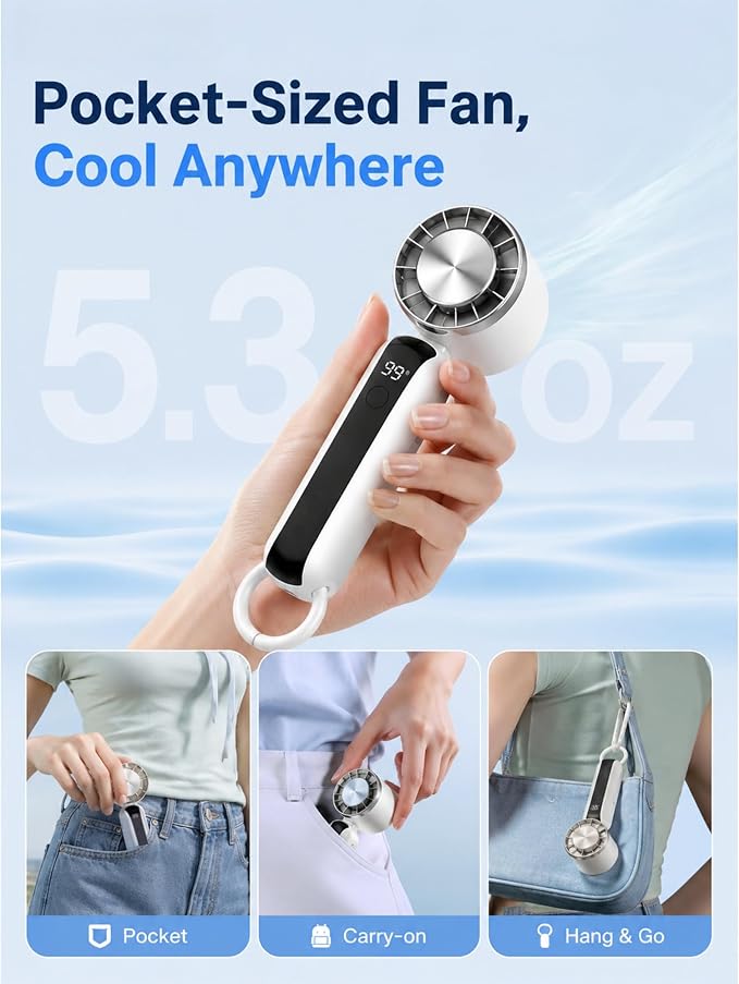 Portable Handheld Fan with Ice Cooling, 3 Speed Dual Turbo Fan, 3000mAh Rechargeable Battery, LED Digital Display, Personal Cooling Fan for Travel Commute Office Outdoor(F23)
